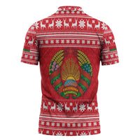 Belarus Christmas Zipper Polo Shirt with Santa Gingerbread Playing Chess National Emblem and Nordic Pattern Design - Wonder Print Shop