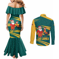 Sri Lanka Christmas Couples Matching Mermaid Dress and Long Sleeve Button Shirt with Santa Claus Rooster Festive Pattern and National Flag Design - Wonder Print Shop