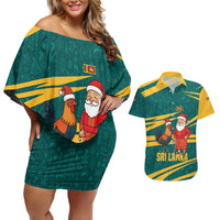 Sri Lanka Christmas Couples Matching Off Shoulder Short Dress and Hawaiian Shirt with Santa Claus Rooster Festive Pattern and National Flag Design - Wonder Print Shop