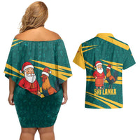 Sri Lanka Christmas Couples Matching Off Shoulder Short Dress and Hawaiian Shirt with Santa Claus Rooster Festive Pattern and National Flag Design - Wonder Print Shop