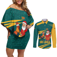 Sri Lanka Christmas Couples Matching Off Shoulder Short Dress and Long Sleeve Button Shirt with Santa Claus Rooster Festive Pattern and National Flag Design - Wonder Print Shop
