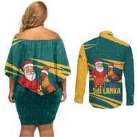 Sri Lanka Christmas Couples Matching Off Shoulder Short Dress and Long Sleeve Button Shirt with Santa Claus Rooster Festive Pattern and National Flag Design - Wonder Print Shop