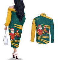 Sri Lanka Christmas Couples Matching Off The Shoulder Long Sleeve Dress and Long Sleeve Button Shirt with Santa Claus Rooster Festive Pattern and National Flag Design - Wonder Print Shop