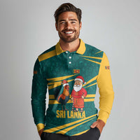 Sri Lanka Christmas Long Sleeve Polo Shirt with Santa Claus Rooster Festive Pattern and National Flag Design - Wonder Print Shop