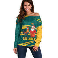 Sri Lanka Christmas Off Shoulder Sweater with Santa Claus Rooster Festive Pattern and National Flag Design - Wonder Print Shop