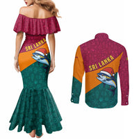 Sri Lanka Christmas Couples Matching Mermaid Dress and Long Sleeve Button Shirt with Santa Hat Fish Ocean Icons and Tri Color Festive Design - Wonder Print Shop