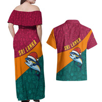 Sri Lanka Christmas Couples Matching Off Shoulder Maxi Dress and Hawaiian Shirt with Santa Hat Fish Ocean Icons and Tri Color Festive Design - Wonder Print Shop