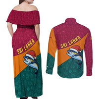 Sri Lanka Christmas Couples Matching Off Shoulder Maxi Dress and Long Sleeve Button Shirt with Santa Hat Fish Ocean Icons and Tri Color Festive Design - Wonder Print Shop