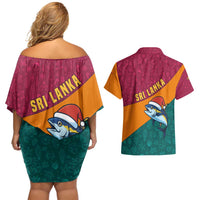 Sri Lanka Christmas Couples Matching Off Shoulder Short Dress and Hawaiian Shirt with Santa Hat Fish Ocean Icons and Tri Color Festive Design - Wonder Print Shop