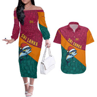 Sri Lanka Christmas Couples Matching Off The Shoulder Long Sleeve Dress and Hawaiian Shirt with Santa Hat Fish Ocean Icons and Tri Color Festive Design - Wonder Print Shop