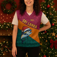 Sri Lanka Christmas Knitted V-Neck Vest with Santa Hat Fish Ocean Icons and Tri Color Festive Design - Wonder Print Shop