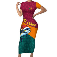 Sri Lanka Christmas Short Sleeve Bodycon Dress with Santa Hat Fish Ocean Icons and Tri Color Festive Design - Wonder Print Shop