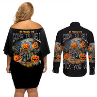 Of Course I'm Going To Hell Skull Pumpkin Halloween Couples Matching Off Shoulder Short Dress and Long Sleeve Button Shirt - Wonder Print Shop