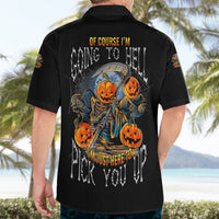 Black shirt back view with large pumpkin-skull graphic and orange jack-o'-lantern faces.
