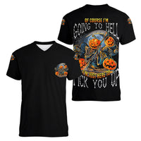 Of Course I'm Going To Hell Skull Pumpkin Halloween Women V Neck T Shirt - Wonder Print Shop
