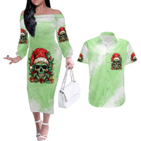 On The Naughty List Skull Christmas Couples Matching Off The Shoulder Long Sleeve Dress and Hawaiian Shirt - Wonder Print Shop