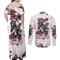 Love Me Like My Demons Do Skull Couples Matching Off Shoulder Maxi Dress and Long Sleeve Button Shirt - Wonder Print Shop