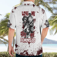 White button-up Hawaiian shirt with maroon splatter and Love Me back text print