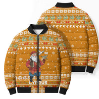 Cyprus Christmas Bomber Puffer Jacket with Santa Holding Doves Olive Branch Snowflakes and Holiday - Wonder Print Shop
