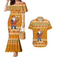 Cyprus Christmas Couples Matching Mermaid Dress and Hawaiian Shirt with Santa Holding Doves Olive Branch Snowflakes and Holiday - Wonder Print Shop