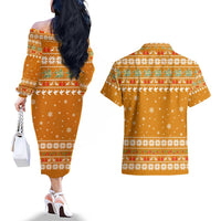 Cyprus Christmas Couples Matching Off The Shoulder Long Sleeve Dress and Hawaiian Shirt with Santa Holding Doves Olive Branch Snowflakes and Holiday - Wonder Print Shop