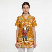 Cyprus Christmas Scrub Top with Santa Holding Doves Olive Branch Snowflakes and Holiday - Wonder Print Shop
