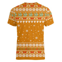 Cyprus Christmas Women V-Neck T-Shirt with Santa Holding Doves Olive Branch Snowflakes and Holiday - Wonder Print Shop