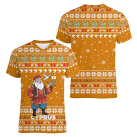 Cyprus Christmas Women V-Neck T-Shirt with Santa Holding Doves Olive Branch Snowflakes and Holiday - Wonder Print Shop