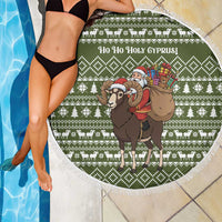 Cyprus Christmas Beach Blanket with Santa Riding Ram Ho Ho Holy Cyprus Text and Green Holiday - Wonder Print Shop