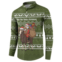 Cyprus Christmas Button Sweatshirt with Santa Riding Ram Ho Ho Holy Cyprus Text and Green Holiday - Wonder Print Shop