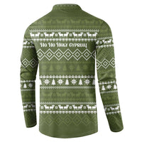 Cyprus Christmas Button Sweatshirt with Santa Riding Ram Ho Ho Holy Cyprus Text and Green Holiday - Wonder Print Shop