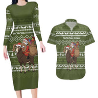 Cyprus Christmas Couples Matching Long Sleeve Bodycon Dress and Hawaiian Shirt with Santa Riding Ram Ho Ho Holy Cyprus Text and Green Holiday - Wonder Print Shop