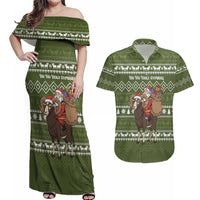 Cyprus Christmas Couples Matching Off Shoulder Maxi Dress and Hawaiian Shirt with Santa Riding Ram Ho Ho Holy Cyprus Text and Green Holiday - Wonder Print Shop