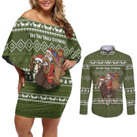 Cyprus Christmas Couples Matching Off Shoulder Short Dress and Long Sleeve Button Shirt with Santa Riding Ram Ho Ho Holy Cyprus Text and Green Holiday - Wonder Print Shop