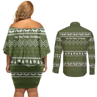 Cyprus Christmas Couples Matching Off Shoulder Short Dress and Long Sleeve Button Shirt with Santa Riding Ram Ho Ho Holy Cyprus Text and Green Holiday - Wonder Print Shop