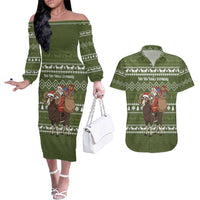 Cyprus Christmas Couples Matching Off The Shoulder Long Sleeve Dress and Hawaiian Shirt with Santa Riding Ram Ho Ho Holy Cyprus Text and Green Holiday - Wonder Print Shop