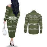 Cyprus Christmas Couples Matching Off The Shoulder Long Sleeve Dress and Long Sleeve Button Shirt with Santa Riding Ram Ho Ho Holy Cyprus Text and Green Holiday - Wonder Print Shop
