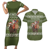 Cyprus Christmas Couples Matching Short Sleeve Bodycon Dress and Hawaiian Shirt with Santa Riding Ram Ho Ho Holy Cyprus Text and Green Holiday - Wonder Print Shop
