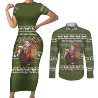 Cyprus Christmas Couples Matching Short Sleeve Bodycon Dress and Long Sleeve Button Shirt with Santa Riding Ram Ho Ho Holy Cyprus Text and Green Holiday - Wonder Print Shop