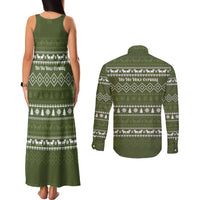 Cyprus Christmas Couples Matching Tank Maxi Dress and Long Sleeve Button Shirt with Santa Riding Ram Ho Ho Holy Cyprus Text and Green Holiday - Wonder Print Shop
