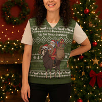Cyprus Christmas Knitted V-Neck Vest with Santa Riding Ram Ho Ho Holy Cyprus Text and Green Holiday - Wonder Print Shop