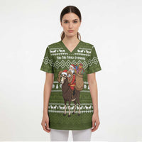 Cyprus Christmas Scrub Top with Santa Riding Ram Ho Ho Holy Cyprus Text and Green Holiday - Wonder Print Shop