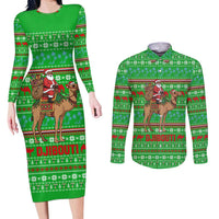 Djibouti Christmas Couples Matching Long Sleeve Bodycon Dress and Long Sleeve Button Shirt with Santa Riding Camel Palm Trees Red Camel - Wonder Print Shop