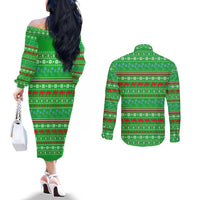 Djibouti Christmas Couples Matching Off The Shoulder Long Sleeve Dress and Long Sleeve Button Shirt with Santa Riding Camel Palm Trees Red Camel - Wonder Print Shop