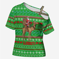 Djibouti Christmas Cross Shoulder Shirt with Santa Riding Camel Palm Trees Red Camel - Wonder Print Shop