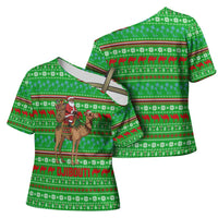Djibouti Christmas Cross Shoulder Shirt with Santa Riding Camel Palm Trees Red Camel - Wonder Print Shop