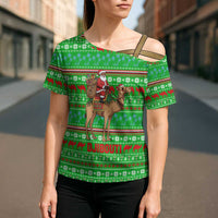 Djibouti Christmas Cross Shoulder Shirt with Santa Riding Camel Palm Trees Red Camel - Wonder Print Shop