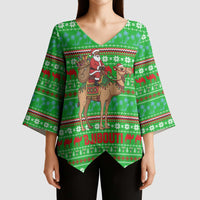 Djibouti Christmas Kimono Sleeve Blouse with Santa Riding Camel Palm Trees Red Camel - Wonder Print Shop
