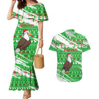 Djibouti Christmas Couples Matching Mermaid Dress and Hawaiian Shirt with Santa Eagle Doves Trees and Green Snowflake Holiday - Wonder Print Shop