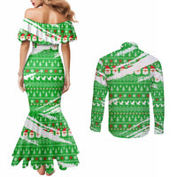 Djibouti Christmas Couples Matching Mermaid Dress and Long Sleeve Button Shirt with Santa Eagle Doves Trees and Green Snowflake Holiday - Wonder Print Shop